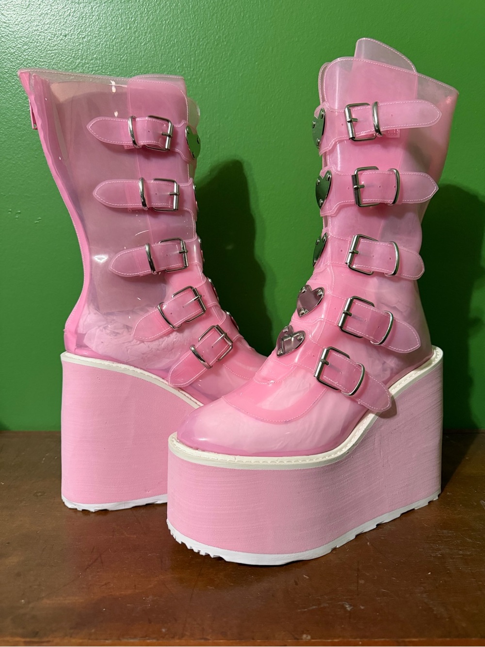Demonia Pink PVC Multi-Buckle Platform Boots